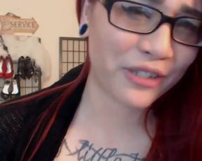 Spitting chubby redhead with tattoo and glasses